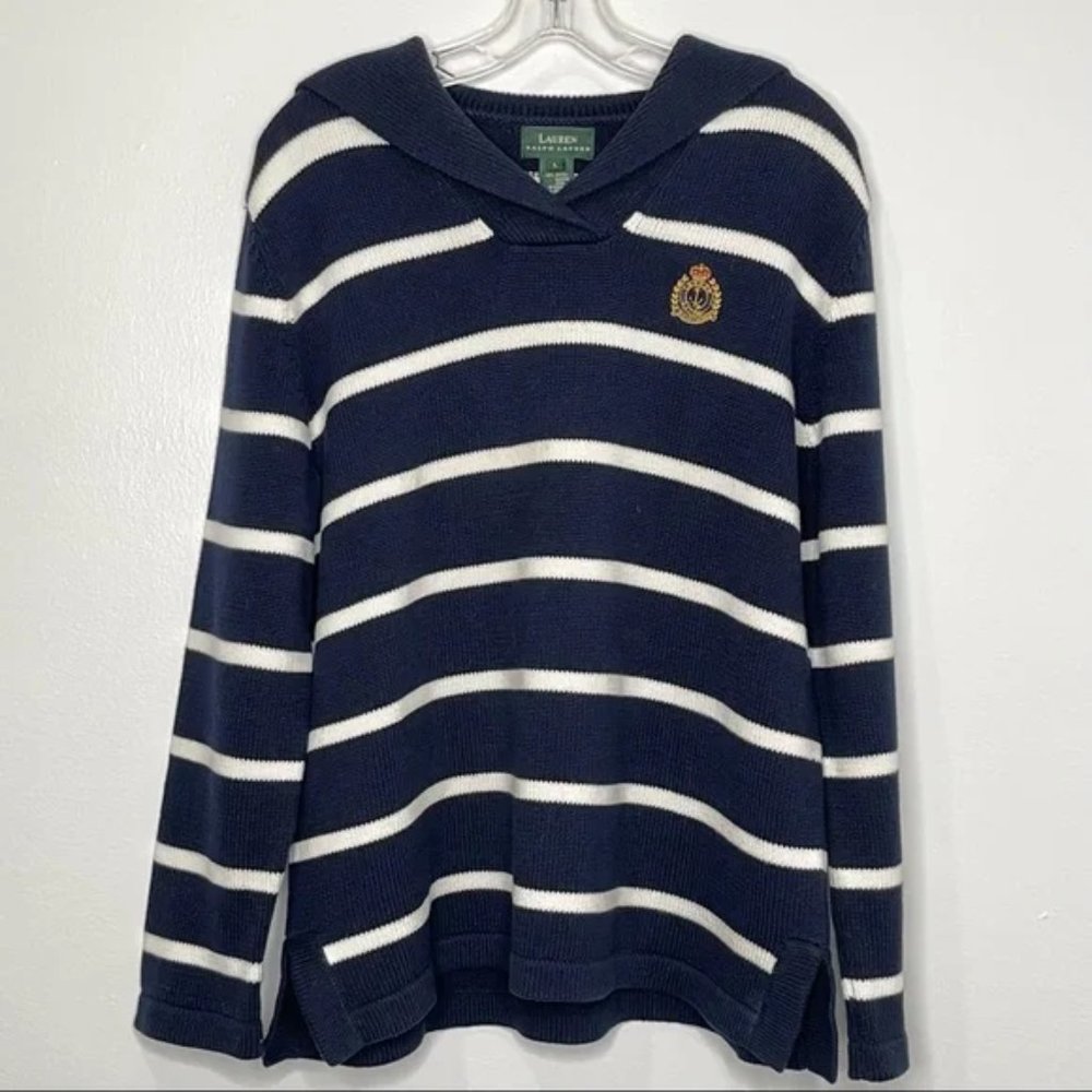 Ralph Lauren Striped Navy Sweatshirt w/ Sailor Collar Size L Excellent MSRP $148